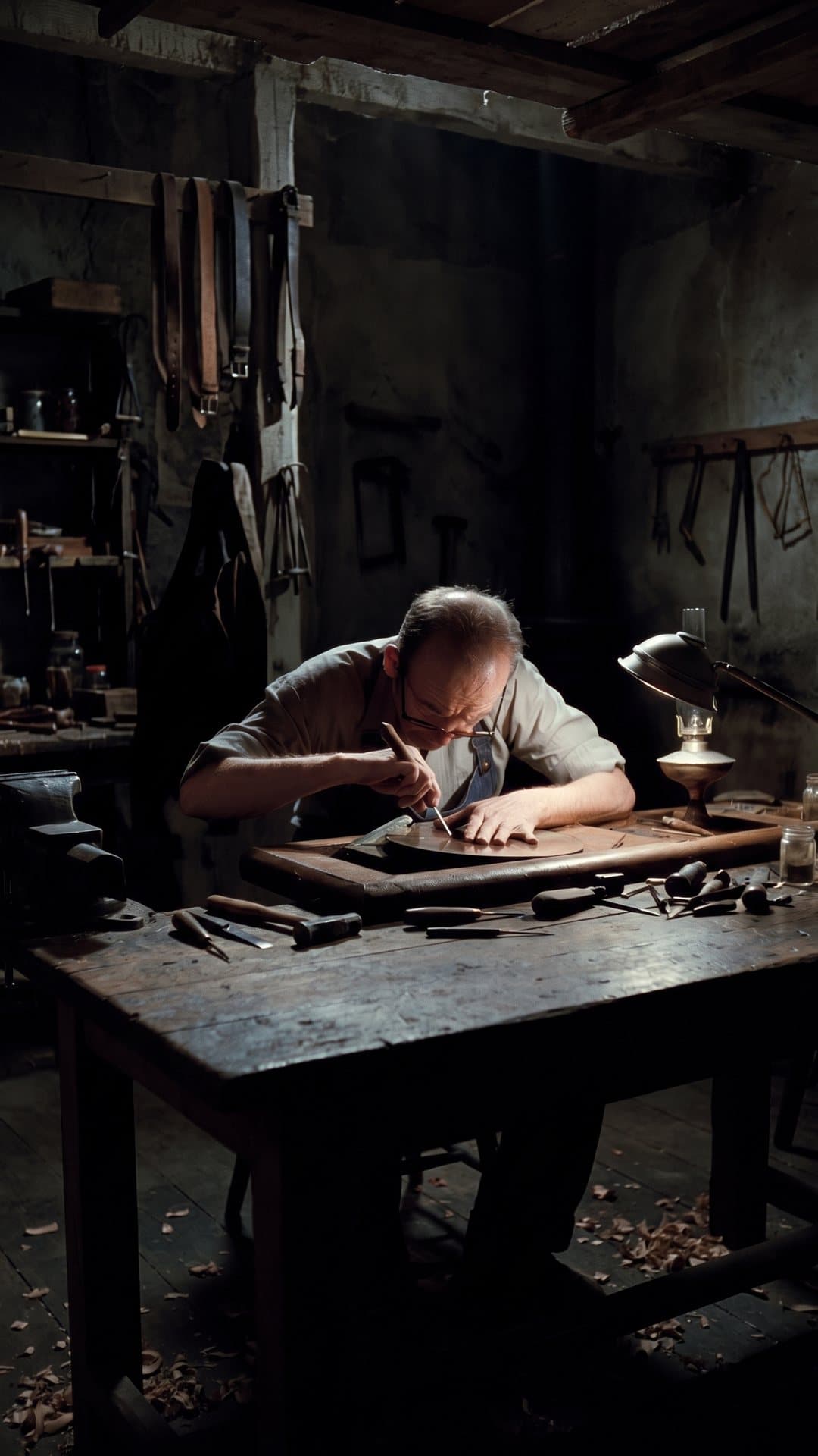 An engraver works a brass disc by the light of a single oil lamp.