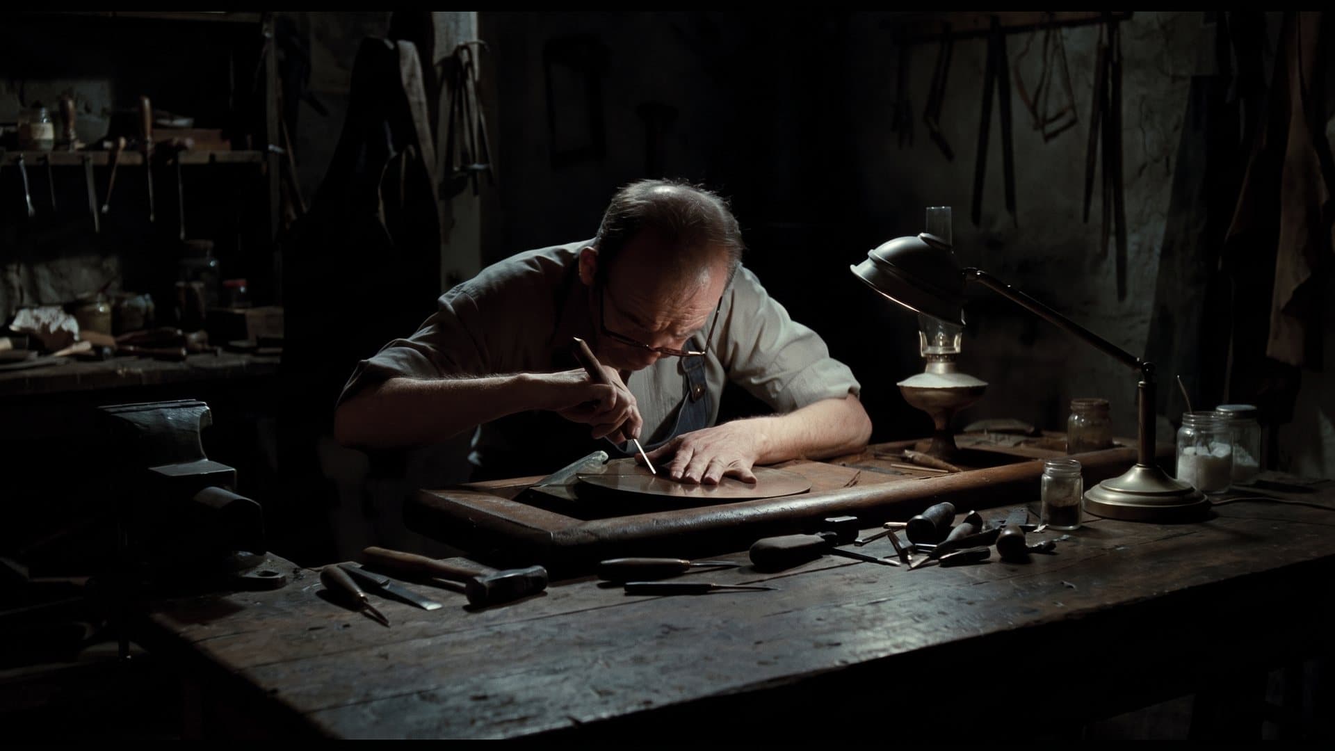 An engraver works a brass disc by the light of a single oil lamp.