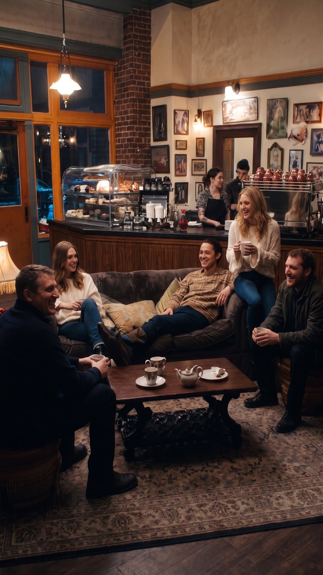 Six friends talking and laughing around the couch of a busy New York coffee house at night.